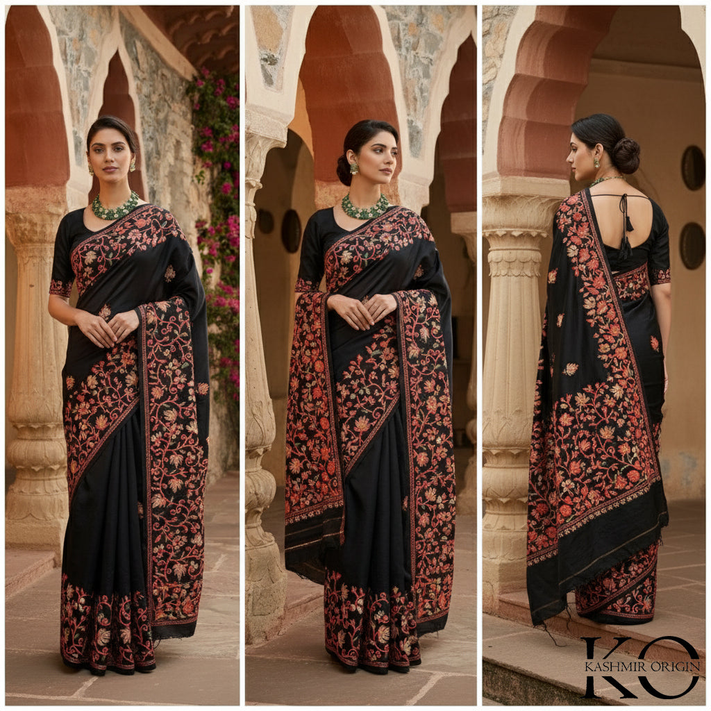 Black Chinar Design Aari Embroidered Full Jamawar Kashmiri Silk Saree