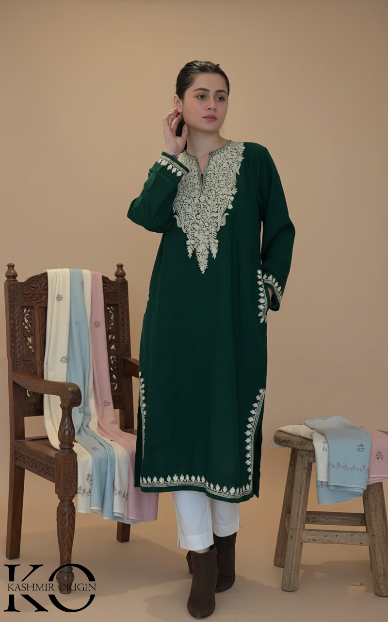 Bottle Green Aari Embroidered Pheran