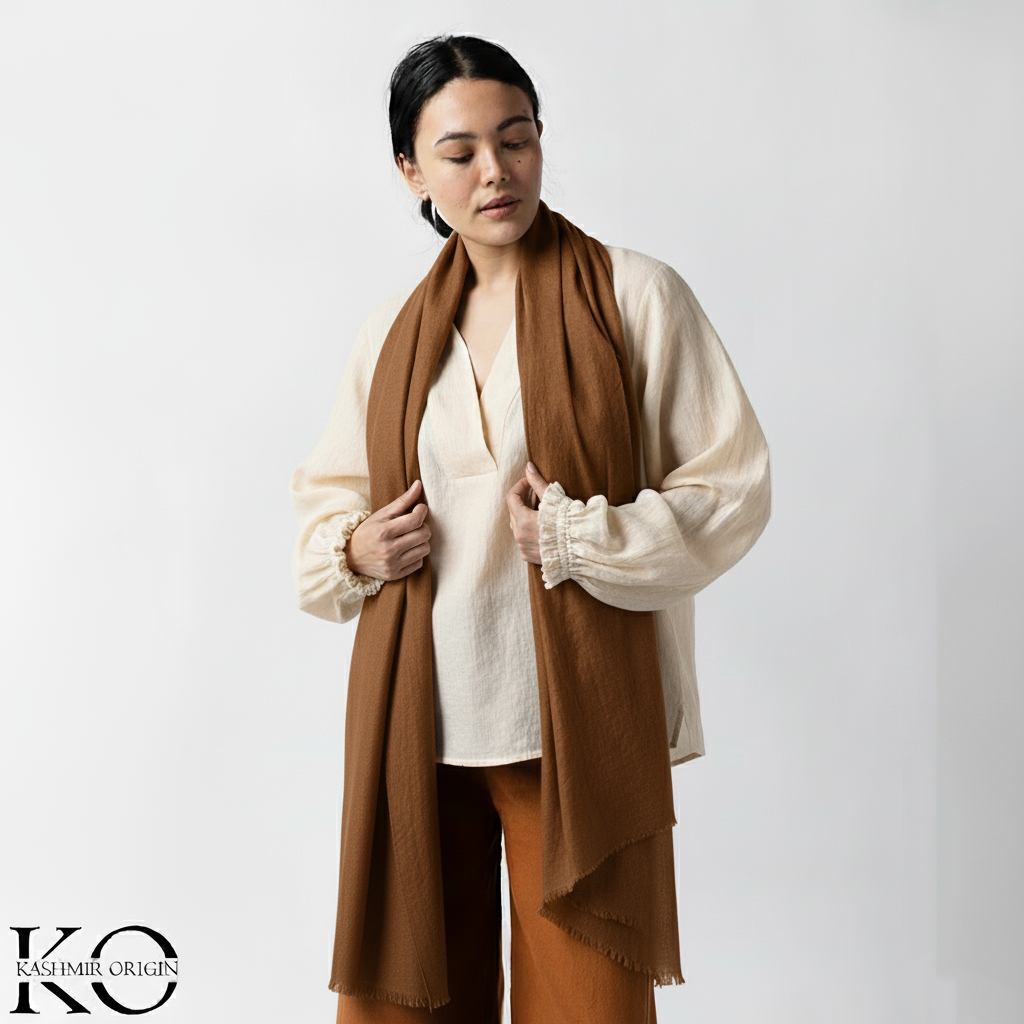 GI CERTIFIED BROWN SOLID CASHMERE PASHMINA STOLE