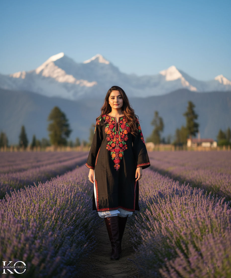 Front back Design Black Aari Embroidered Pheran