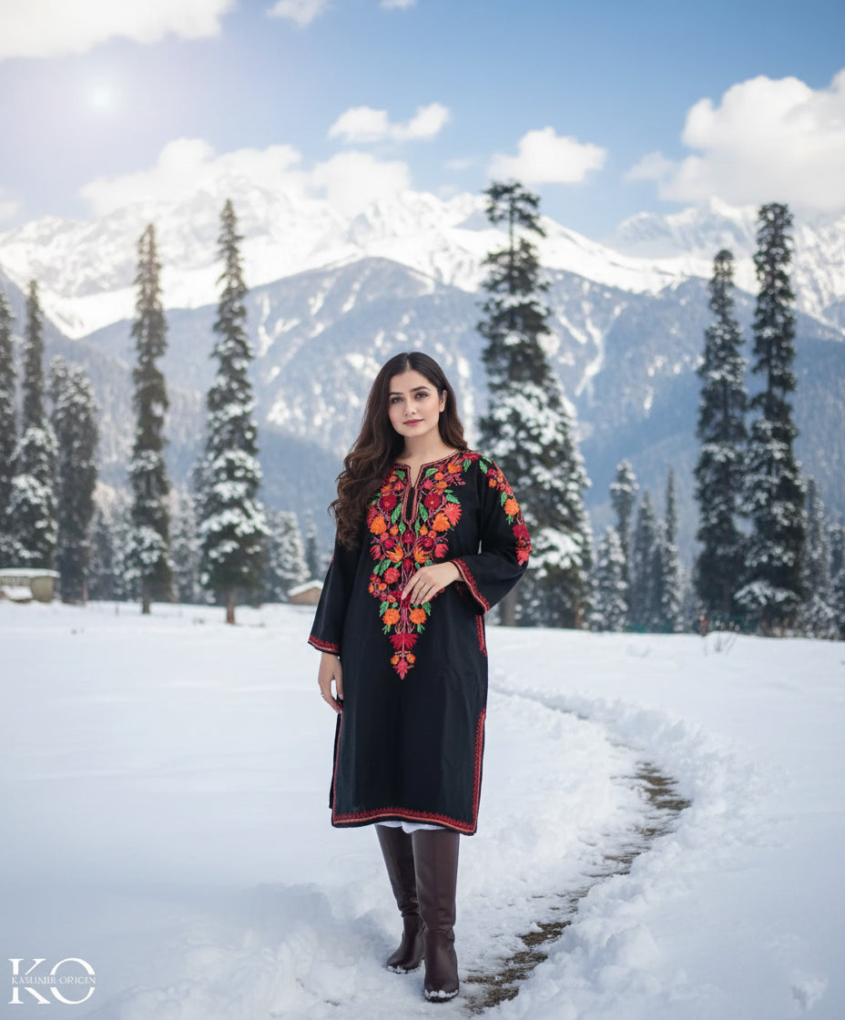 Front back Design Black Aari Embroidered Pheran