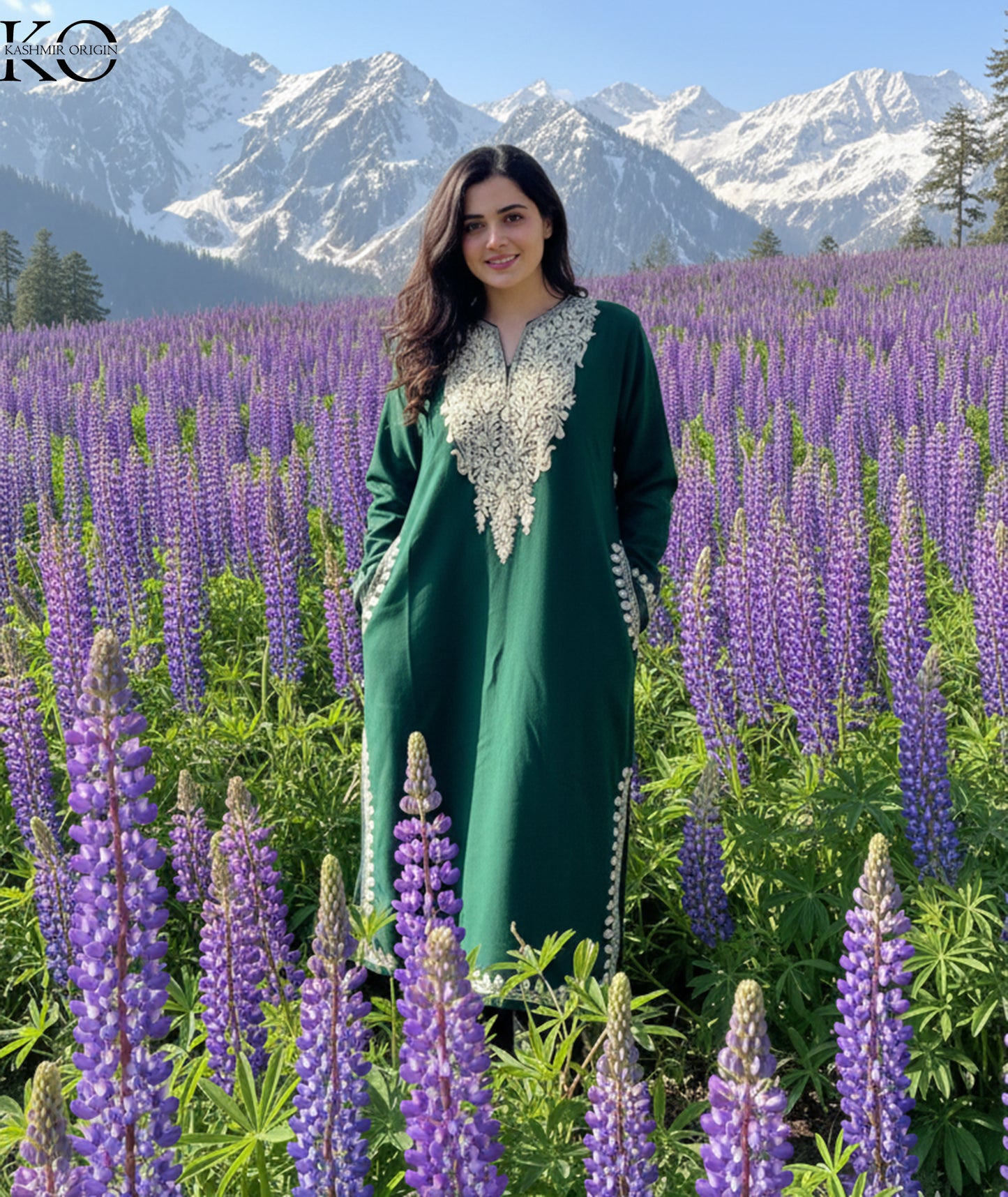 Bottle Green Aari Embroidered Pheran