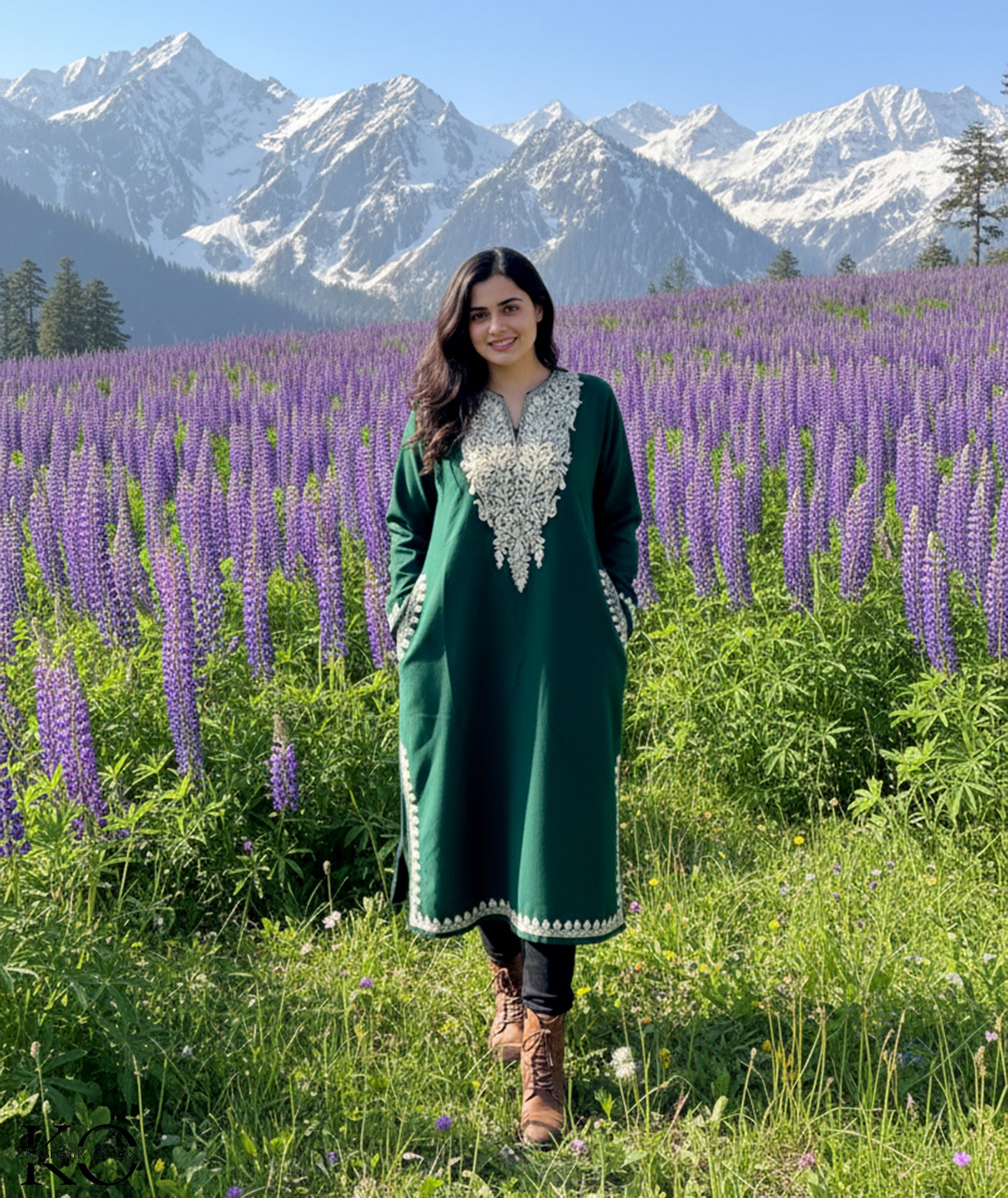 Bottle Green Aari Embroidered Pheran