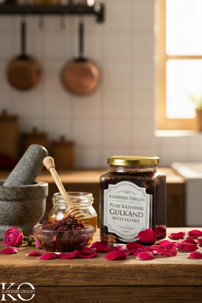 Kashmir Origin Gulkand Honey | Made With Damask Roses of Kashmir Valley & Pure Kashmiri Honey|Gulkand Jam With Honey | Natural Sweetener | No Sugar Added | Natural Coolant | Sun-cooked Pure Rose Petal