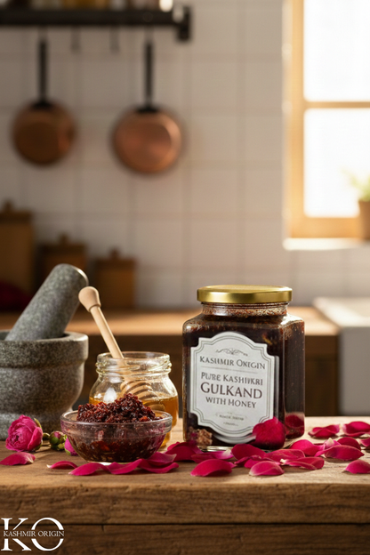Kashmir Origin Gulkand Honey | Made With Damask Roses of Kashmir Valley & Pure Kashmiri Honey|Gulkand Jam With Honey | Natural Sweetener | No Sugar Added | Natural Coolant | Sun-cooked Pure Rose Petal