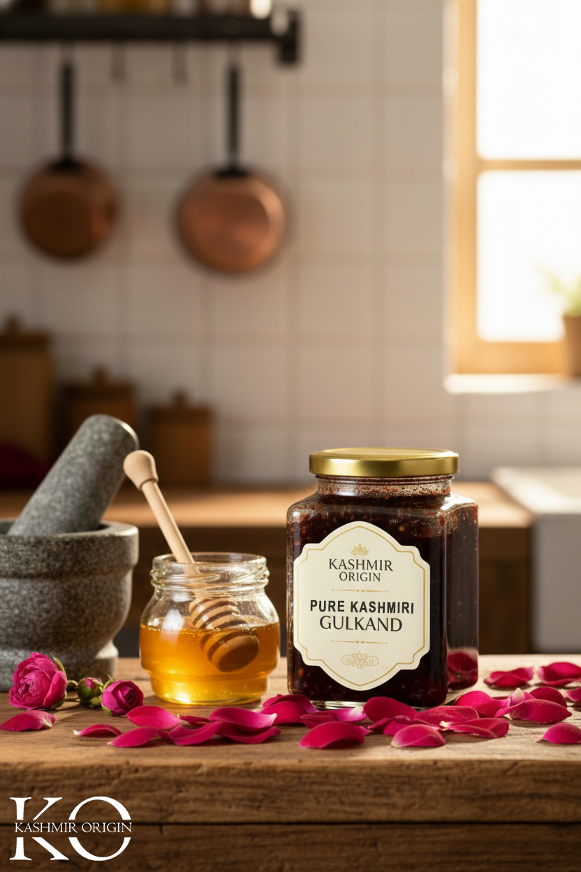 Kashmir Origin Gulkand Honey | Made With Damask Roses of Kashmir Valley & Pure Kashmiri Honey|Gulkand Jam With Honey | Natural Sweetener | No Sugar Added | Natural Coolant | Sun-cooked Pure Rose Petal