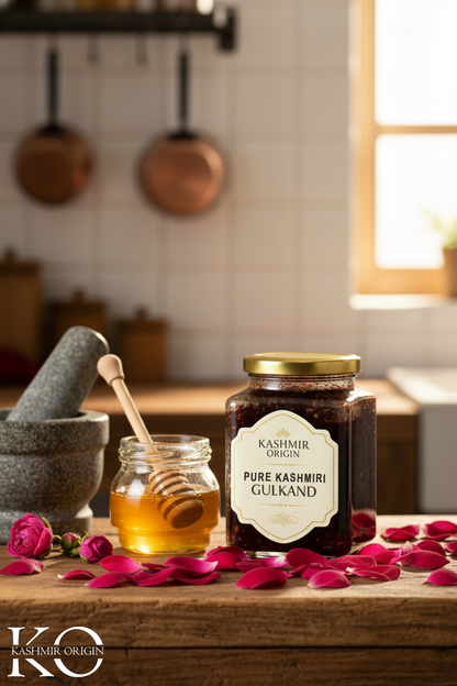 Kashmir Origin Gulkand Honey | Made With Damask Roses of Kashmir Valley & Pure Kashmiri Honey|Gulkand Jam With Honey | Natural Sweetener | No Sugar Added | Natural Coolant | Sun-cooked Pure Rose Petal