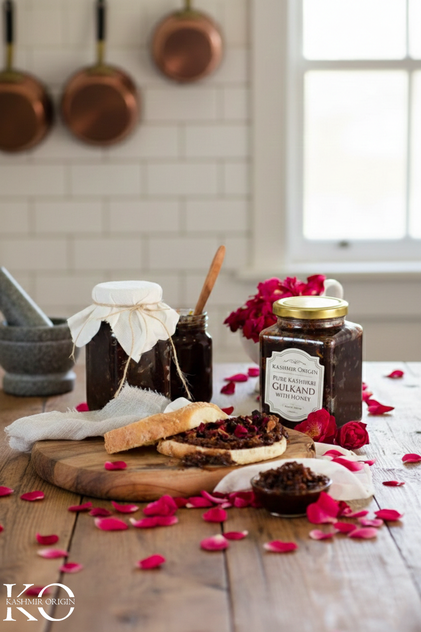 Kashmir Origin Gulkand Honey | Made With Damask Roses of Kashmir Valley & Pure Kashmiri Honey|Gulkand Jam With Honey | Natural Sweetener | No Sugar Added | Natural Coolant | Sun-cooked Pure Rose Petal