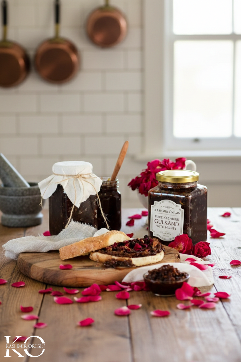 Kashmir Origin Gulkand Honey | Made With Damask Roses of Kashmir Valley & Pure Kashmiri Honey|Gulkand Jam With Honey | Natural Sweetener | No Sugar Added | Natural Coolant | Sun-cooked Pure Rose Petal