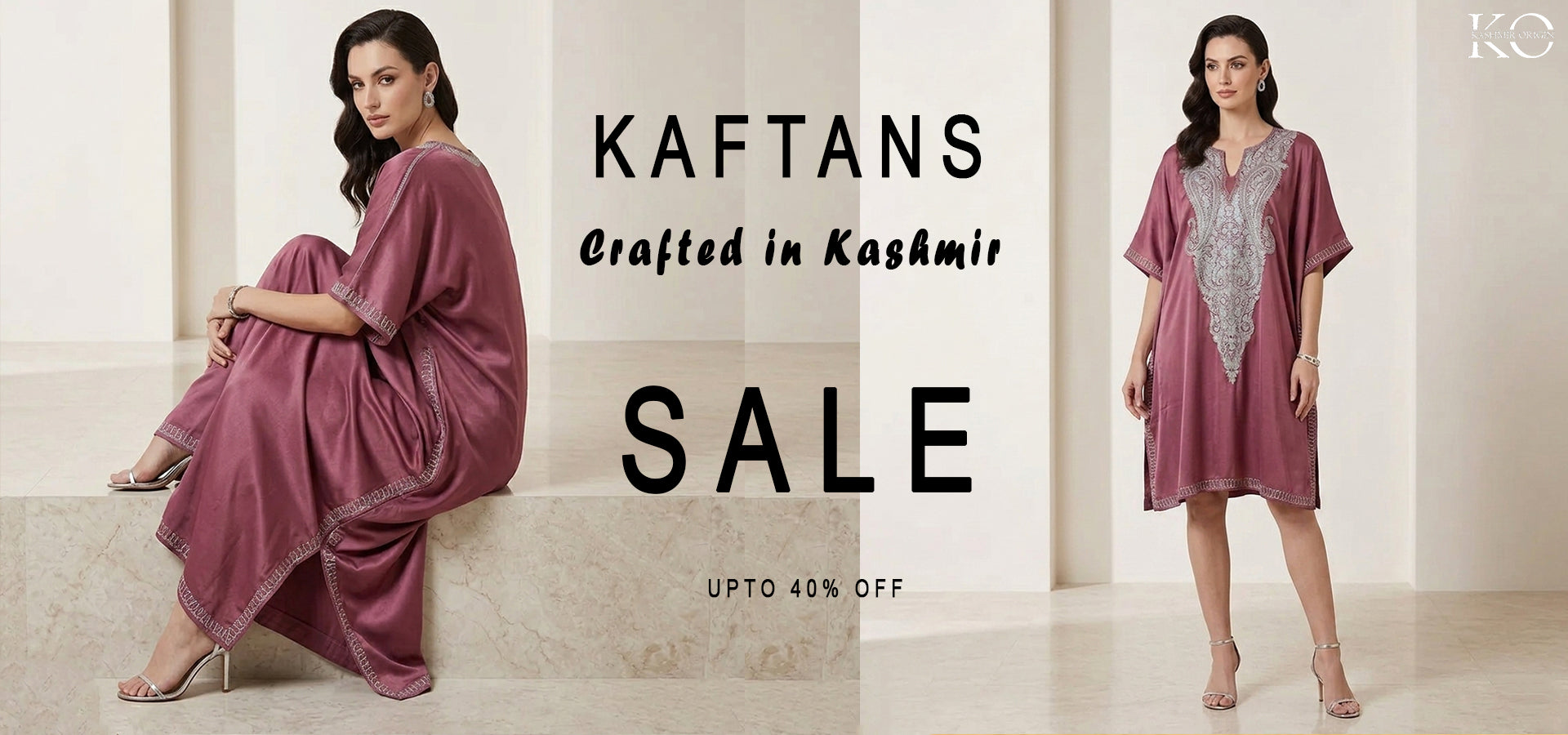 Advertisement for kaftans with a woman wearing a pink kaftan, text indicating sale and location of craftsmanship. website Banner