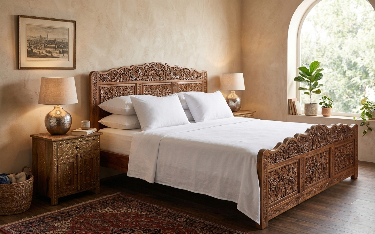 Kashmiri Hand Carved Walnut Wood King-size Bed | Handcrafted In Kashmir By Our Master Artisans | Price Starts From 65000