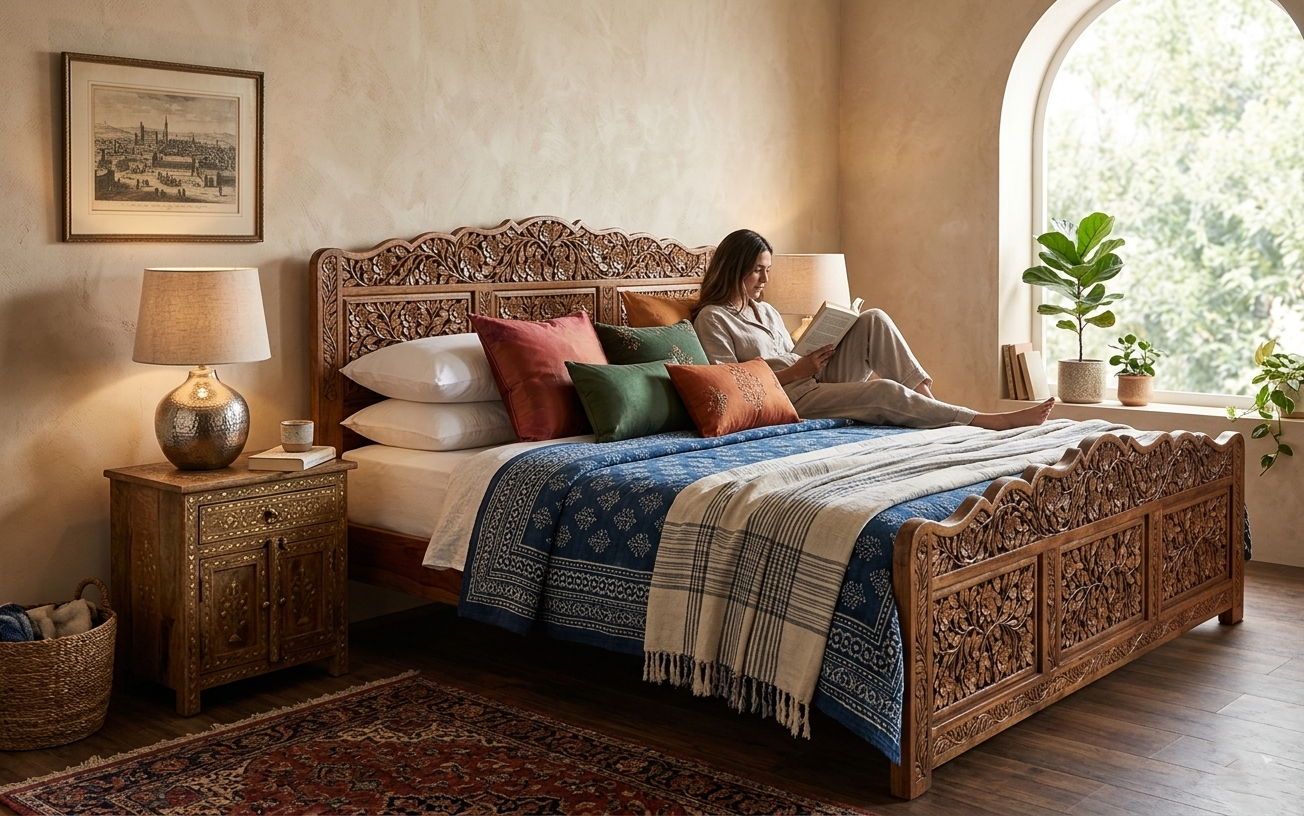 Kashmiri Hand Carved Walnut Wood King-size Bed | Handcrafted In Kashmir By Our Master Artisans | Price Starts From 65000