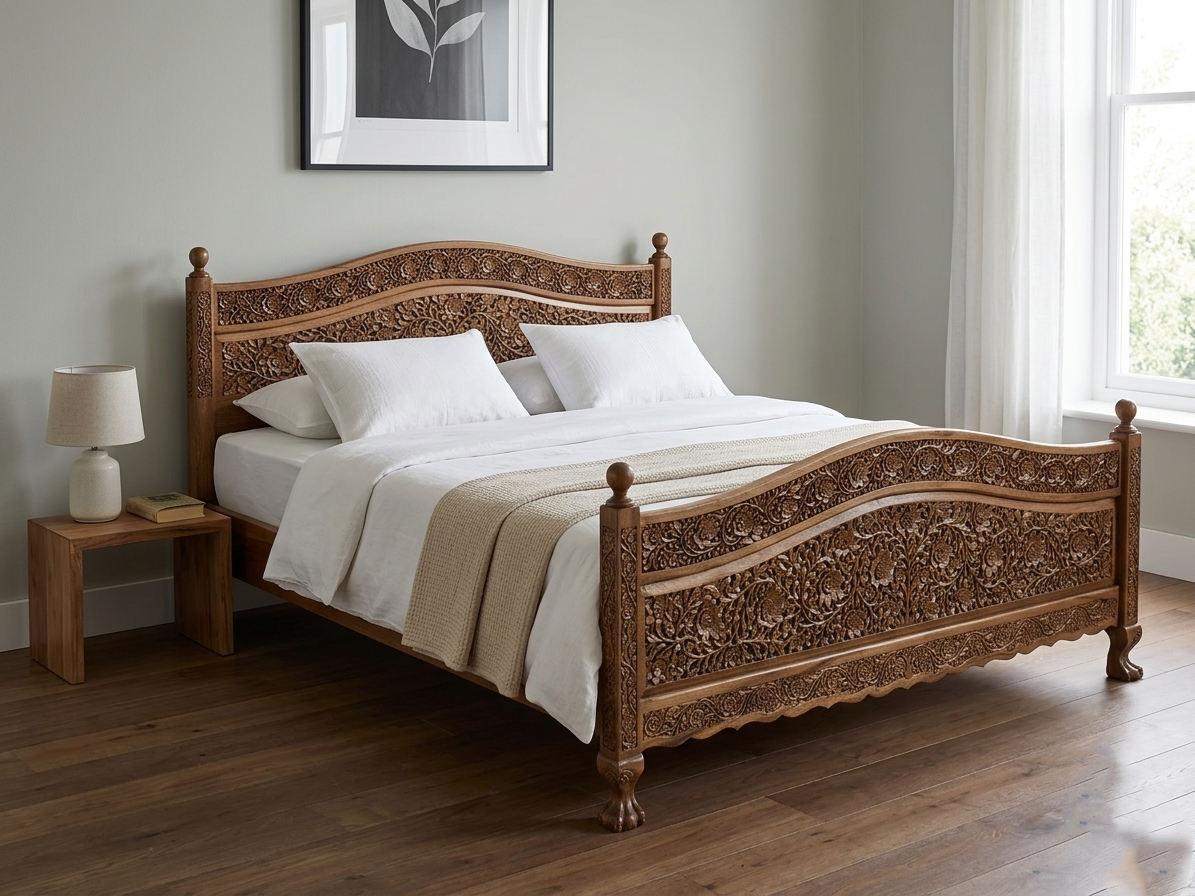 Kashmiri Hand Carved Walnut Wood King-size Bed | Handcrafted In Kashmir By Our Master Artisans | Price Starts From 65000