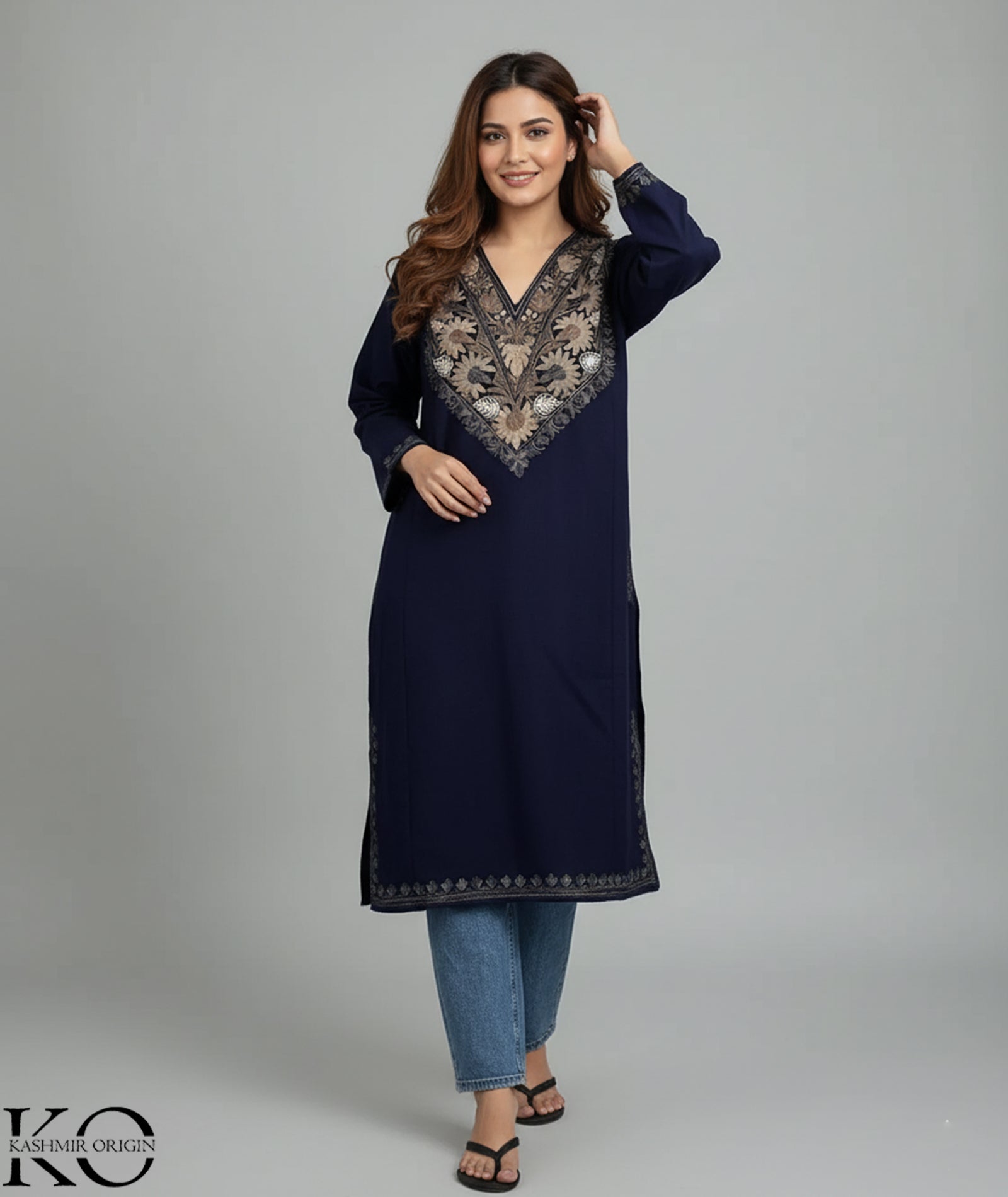 Navy Blue Modern Design Aari Embroidered Pheran