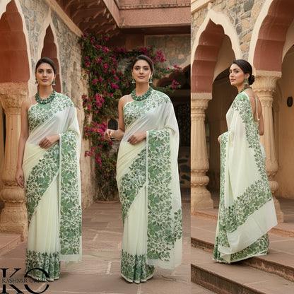Light Green Base Aari Embroidered Georgette Saree