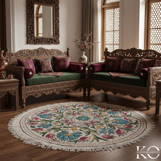 FLORAL DESIGN HANDMADE ROUND AARI EMBROIDERED NAMDA 4x4 FT