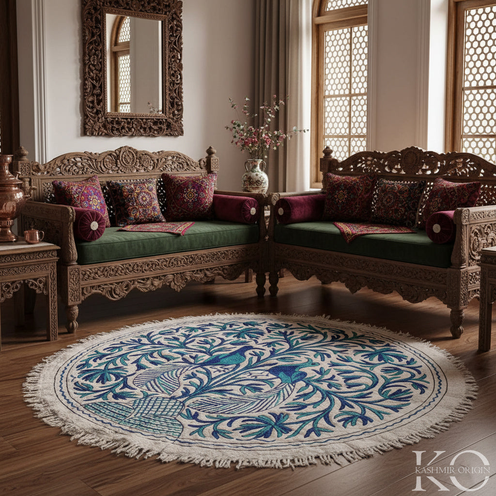 PEACOCK DESIGN HANDMADE ROUND AARI EMBROIDERED NAMDA 5x5 FT