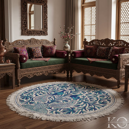 PEACOCK DESIGN HANDMADE ROUND AARI EMBROIDERED NAMDA 5x5 FT