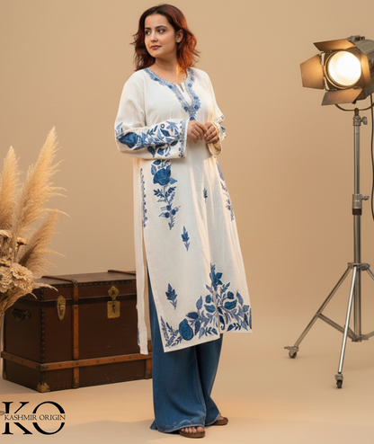 White & Blue Floral Bottom Design Aari Embroidered Pheran