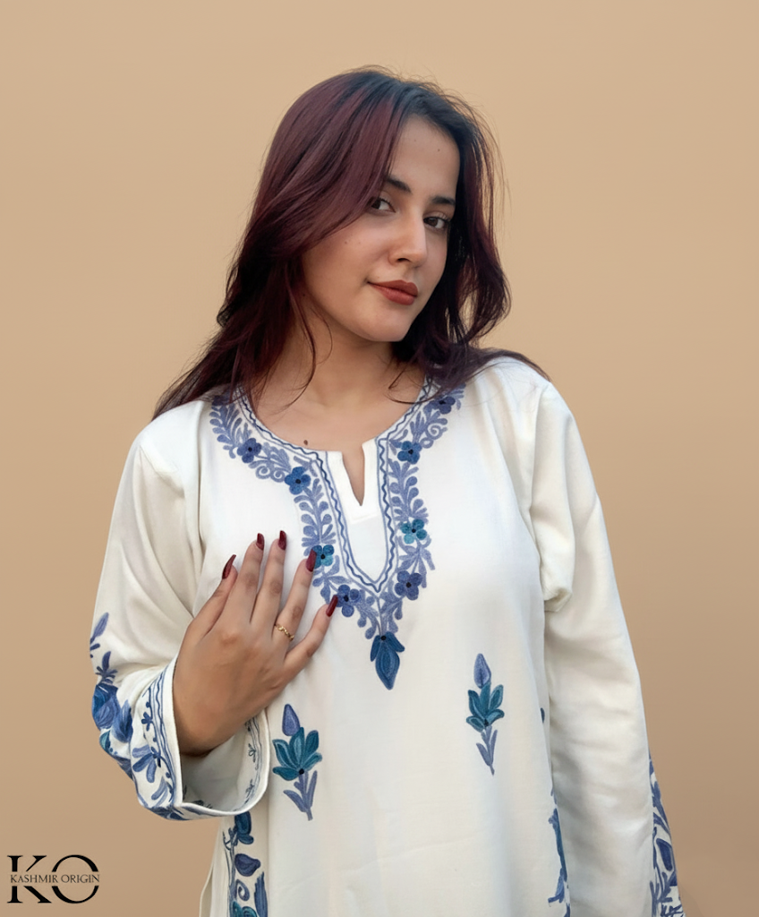 White & Blue Floral Bottom Design Aari Embroidered Pheran