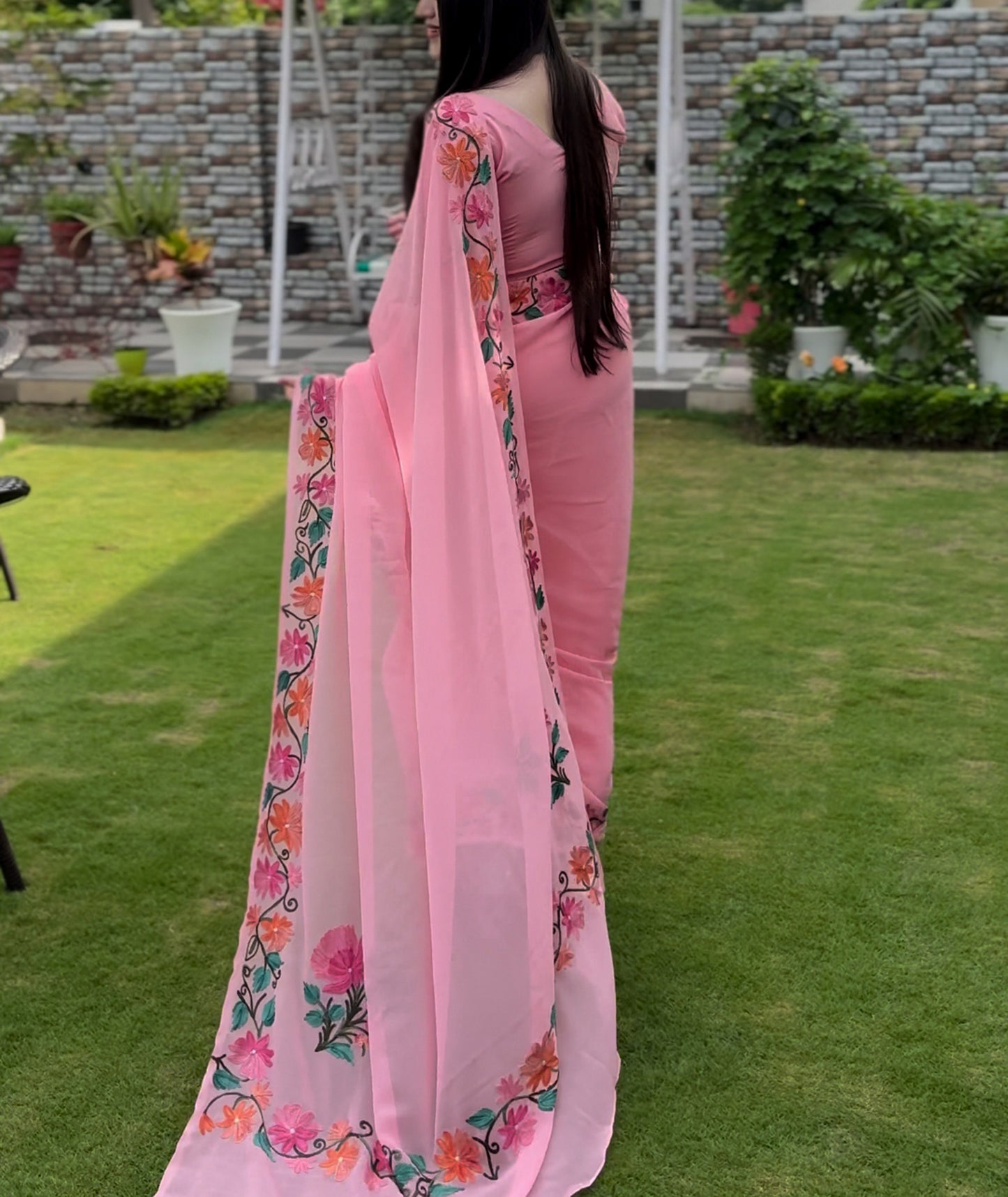 Baby Pink Floral Design Aari Embroidered Georgette Saree