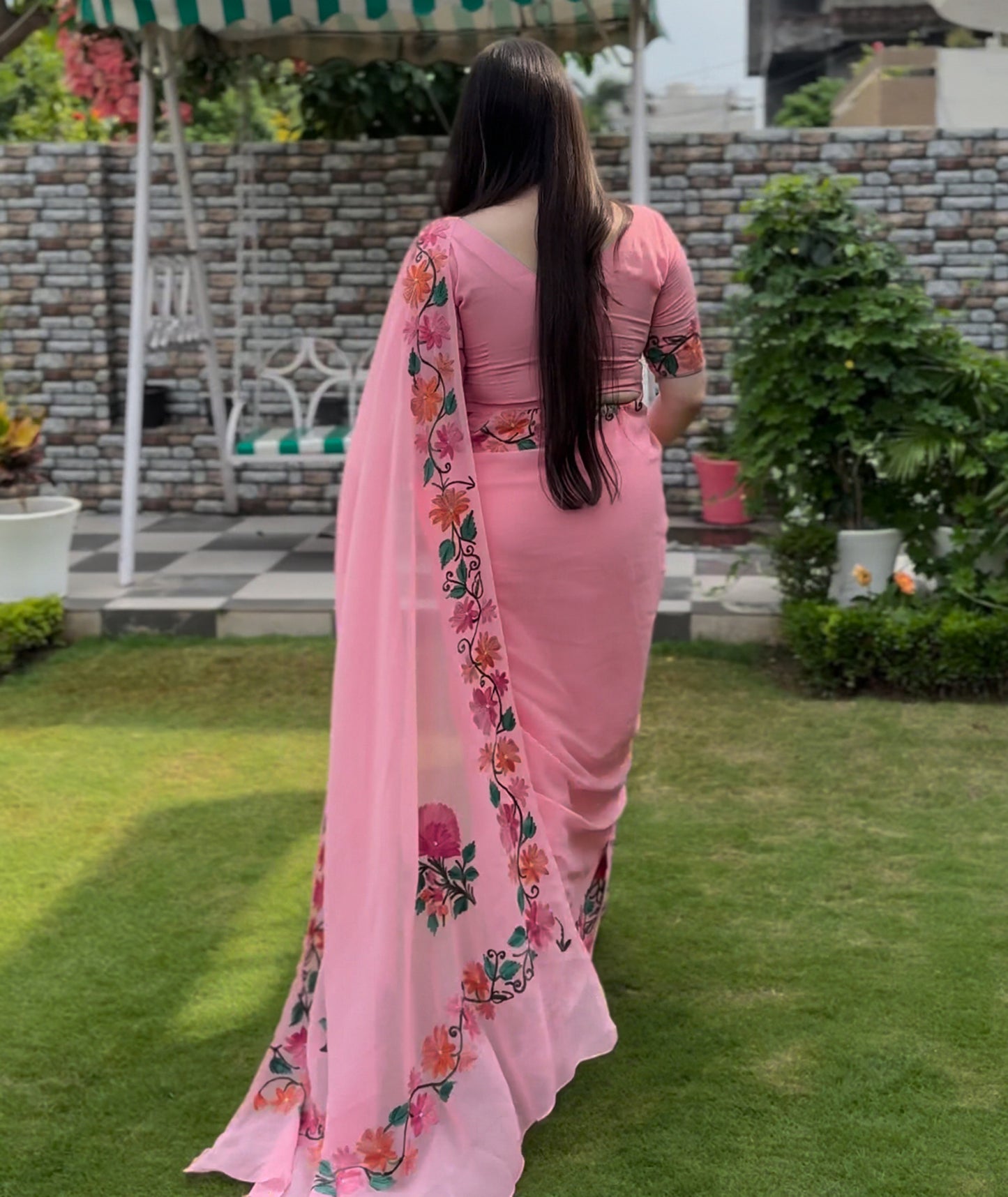 Baby Pink Floral Design Aari Embroidered Georgette Saree