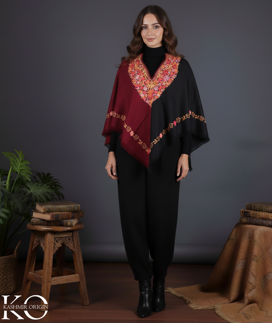 Maroon And Black Floral Design Poncho with Aari Embroidery