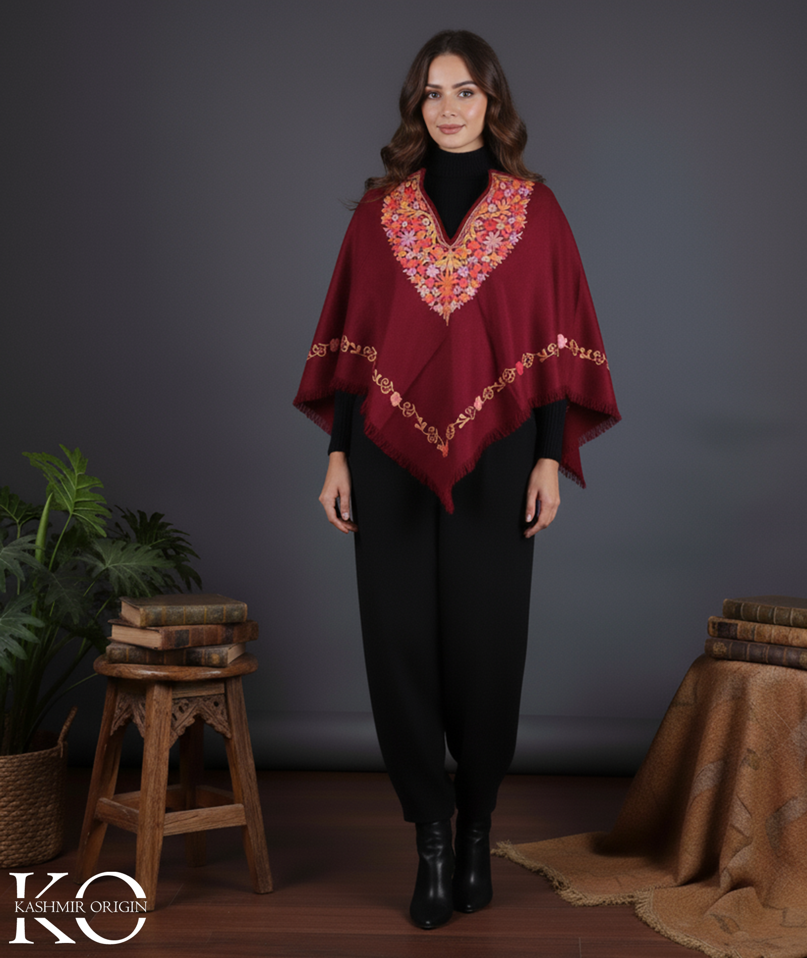 Maroon And Black Floral Design Poncho with Aari Embroidery