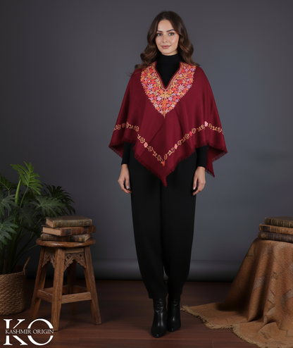 Maroon And Black Floral Design Poncho with Aari Embroidery