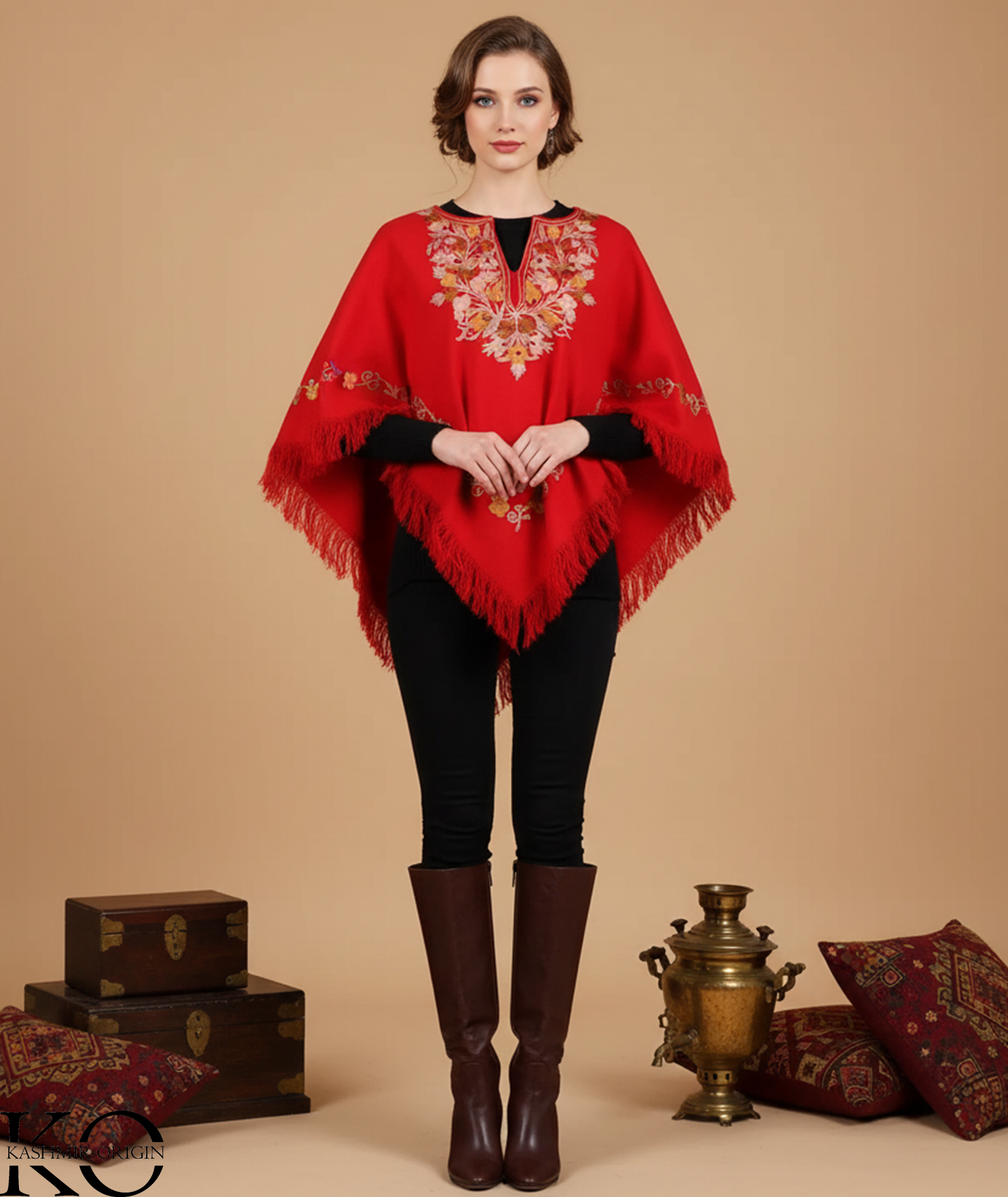 Red Poncho with Aari Embroidery, Kashmir Embroidery
