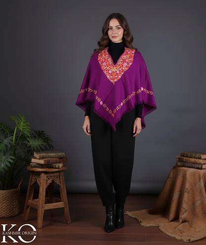 Purple Poncho with Aari Embroidery, Kashmir Embroidery