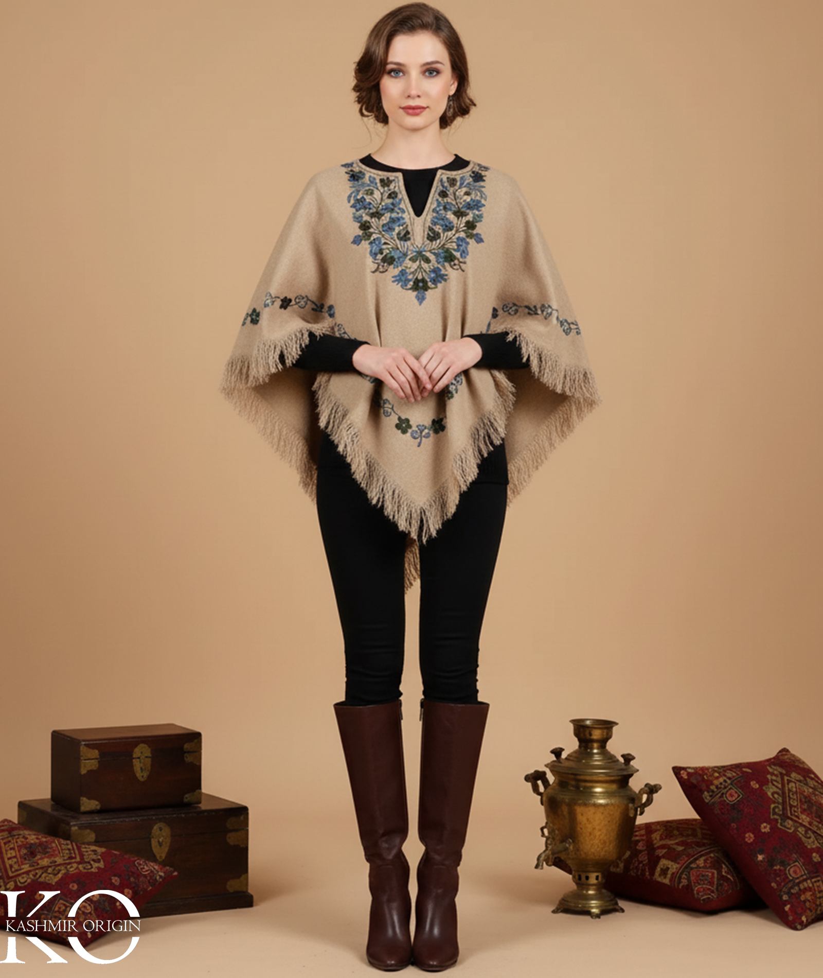 Tan Poncho with Aari Embroidery, Kashmir Embroidery