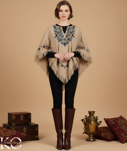 Tan Poncho with Aari Embroidery, Kashmir Embroidery
