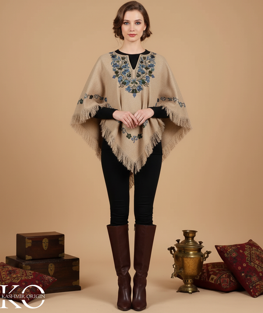 Tan Poncho with Aari Embroidery, Kashmir Embroidery