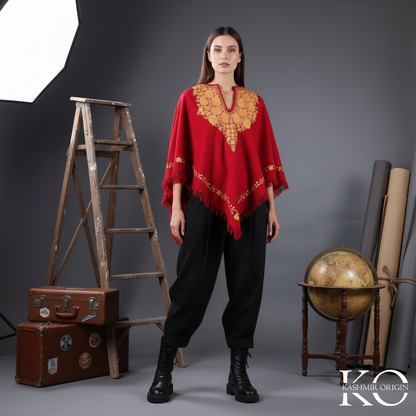 Maroon Floral Design Poncho with Kashmir Aari Embroidery