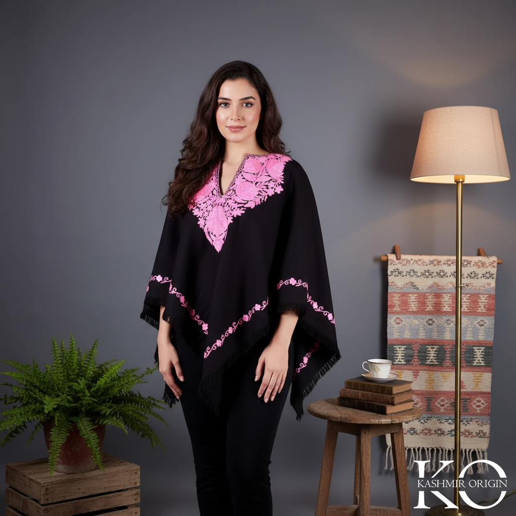 Black & Pink Floral Design Poncho with kashmiri Aari Embroidery