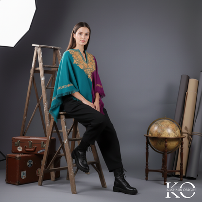 Sapphire Blue And Purple Poncho with Kashmir Aari Embroidery