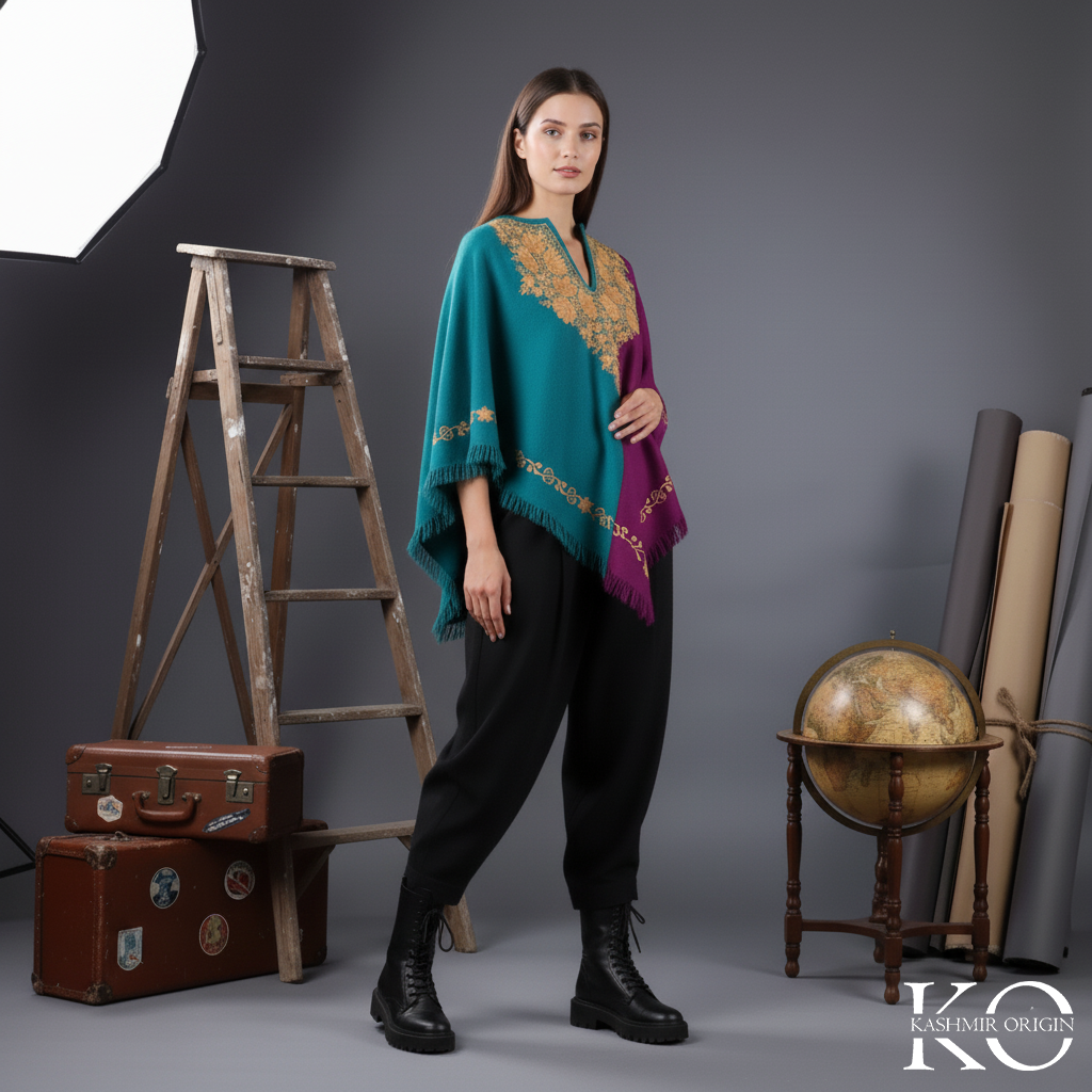 Sapphire Blue And Purple Poncho with Kashmir Aari Embroidery