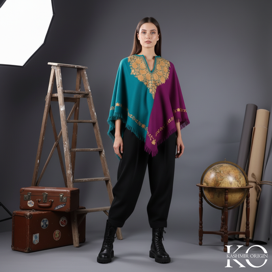 Sapphire Blue And Purple Poncho with Kashmir Aari Embroidery