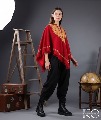 Maroon Floral Design Poncho with Kashmir Aari Embroidery