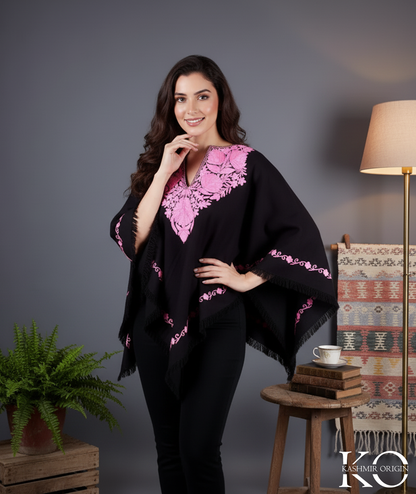 Black & Pink Floral Design Poncho with kashmiri Aari Embroidery