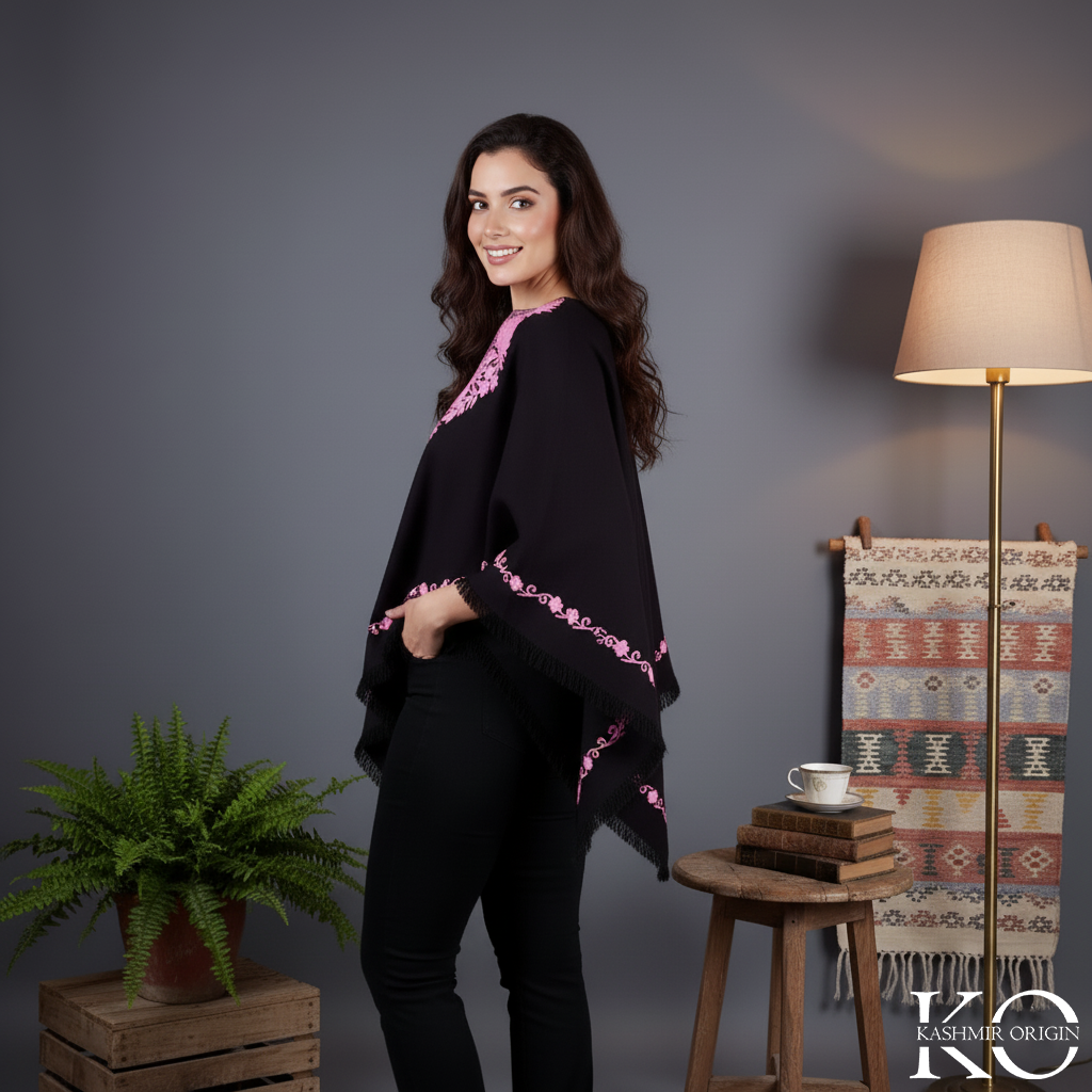 Black & Pink Floral Design Poncho with kashmiri Aari Embroidery