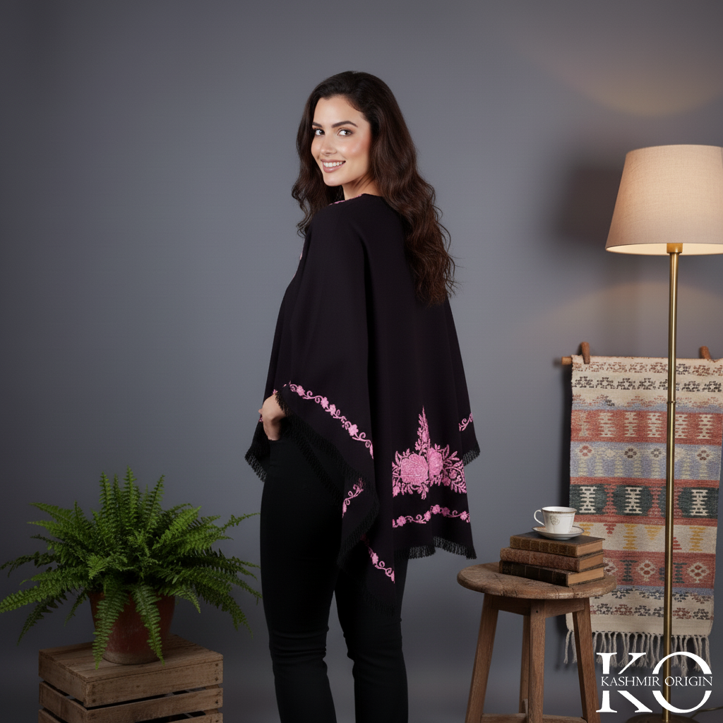 Black & Pink Floral Design Poncho with kashmiri Aari Embroidery