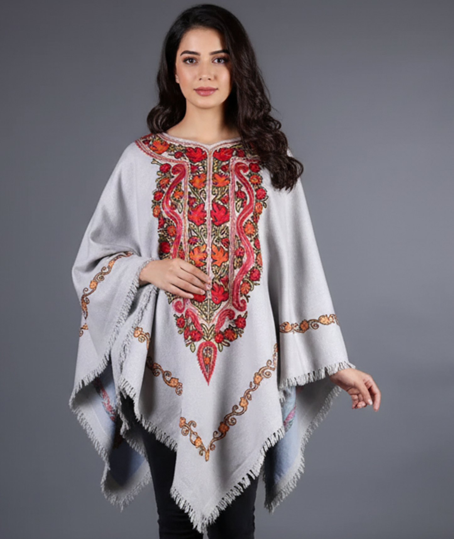Grey Base Chinar Design Poncho with Kashmiri Aari Embroidery