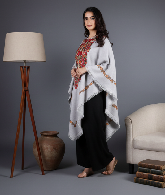Grey Base Chinar Design Poncho with Kashmiri Aari Embroidery