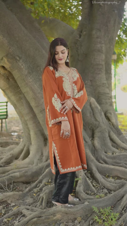 Neck Design Zari Embroidered Rust Pheran