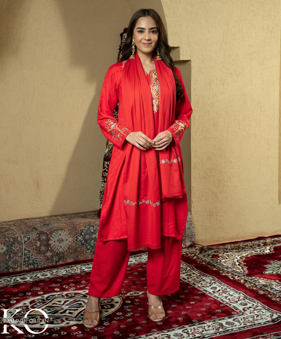 Red Aari Embroidered Woolen Suit With Shawl
