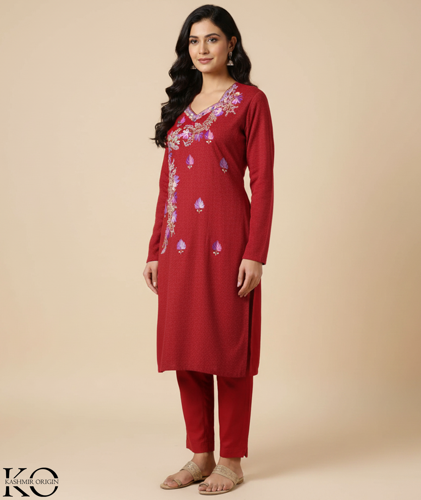 Maroon Base Chinar Design Aari Embroidered Woolen Suit with Stole