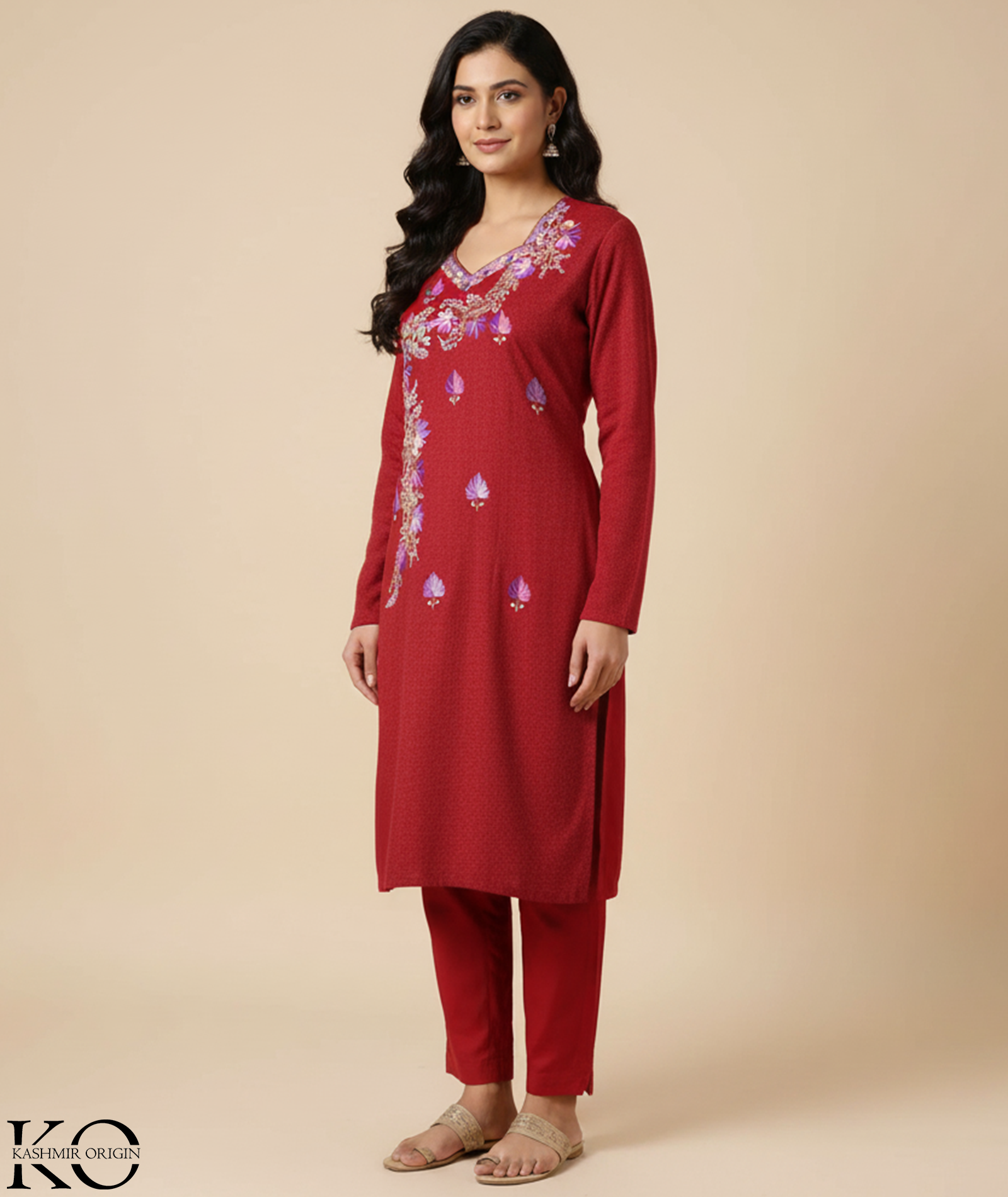 Maroon Base Chinar Design Aari Embroidered Woolen Suit with Stole