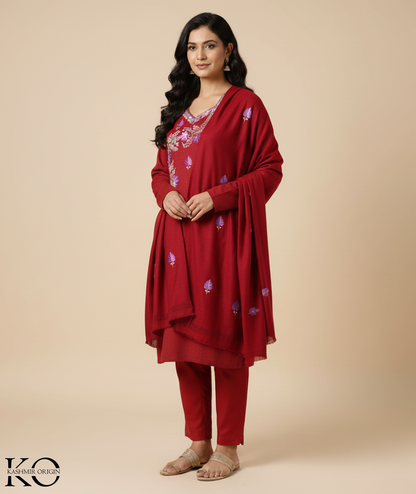 Maroon Base Chinar Design Aari Embroidered Woolen Suit with Stole